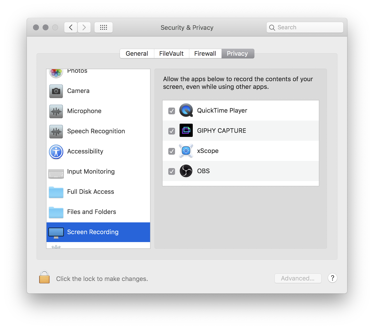 Grant access to Screen Recording under Security & Privacy for OBS