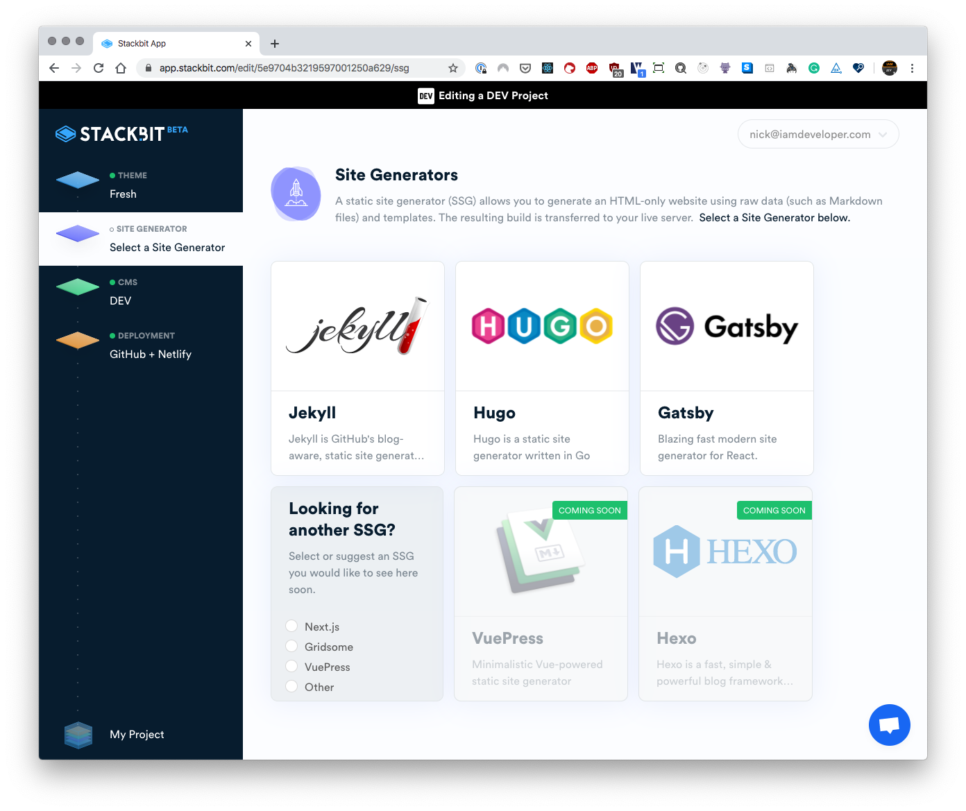 Stackbit site creation step two. Select a site platform