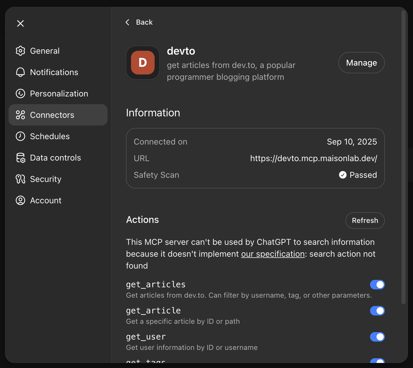ChatGPT in dev mode showing the tools for the dev.to MCP server